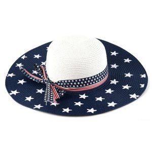 Wide Brim Floppy Beach Hat Featuring Stars And Stripes Ribbon